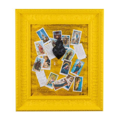 Devotion, votive shrine - sculptures in colored resin with graphics on a yellow frame (vers. 59x69)
