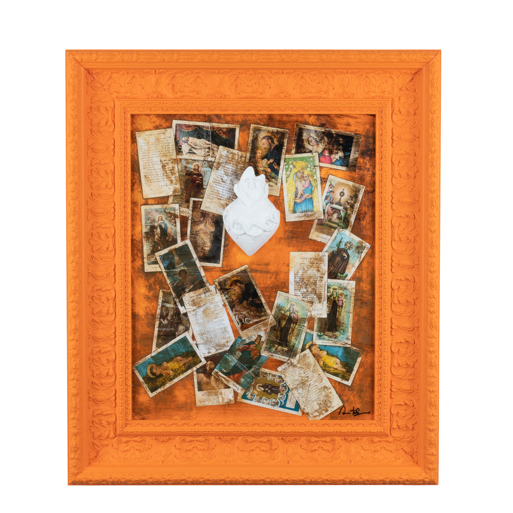 Devotion, votive aedicule - sculptures in colored resin with graphics on an orange frame (vers. 59x69)