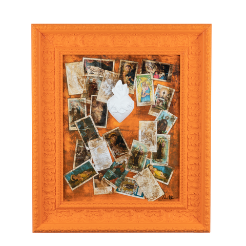 Devotion, votive aedicule - sculptures in colored resin with graphics on an orange frame (vers. 59x69)