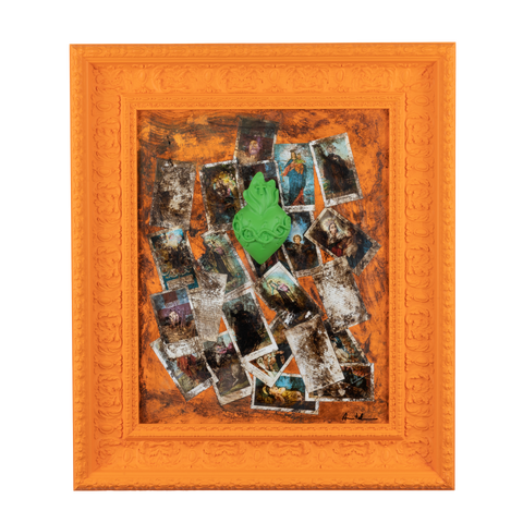 Devotion, votive aedicule - sculptures in colored resin with graphics on an orange frame (vers. 59x69)