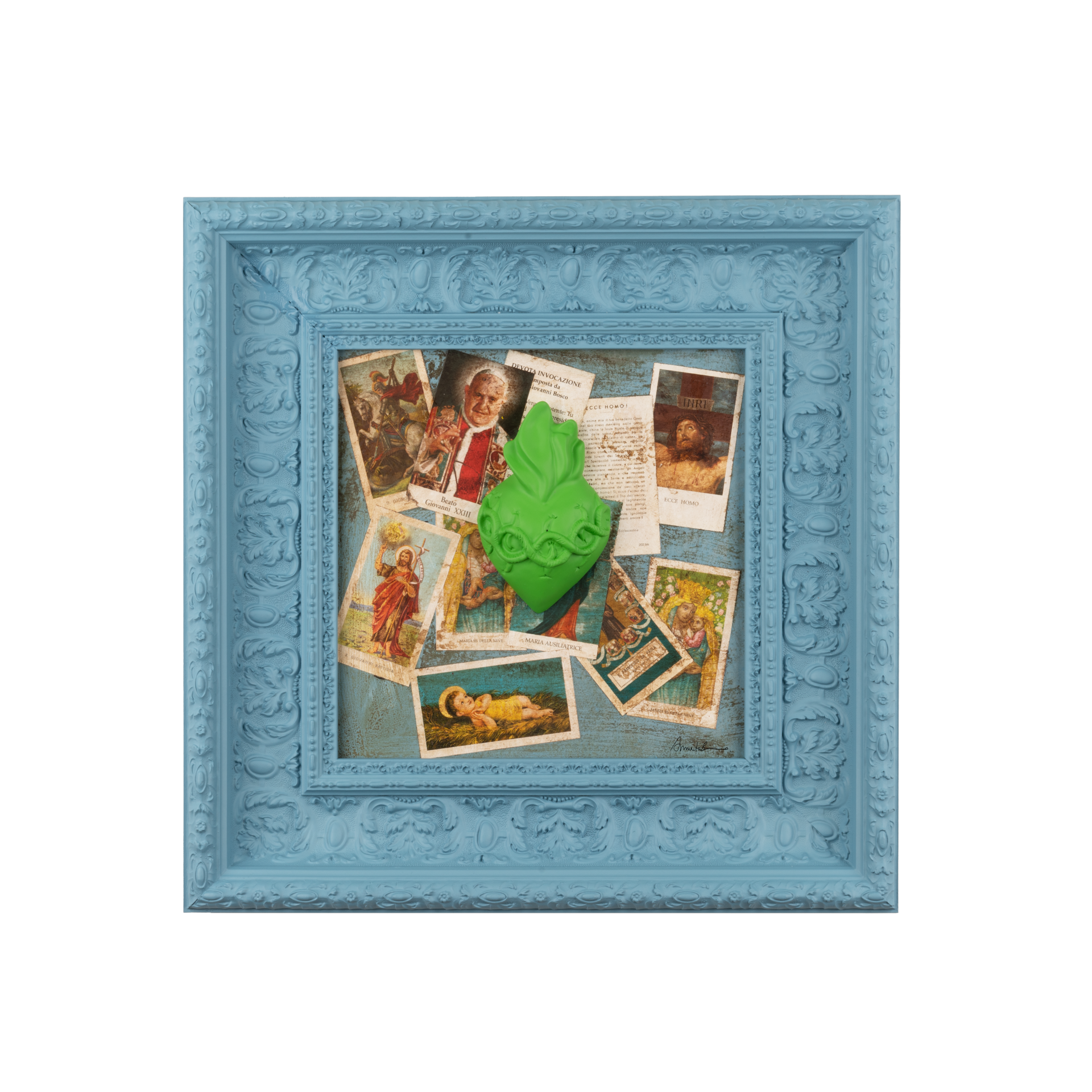 Devozione, edicola votiva - sculture in resina colorata con grafiche su quadro celeste (vers. 47x47)