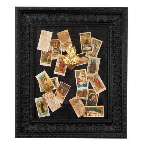 Devotion, votive aedicule - sculptures in colored resin with graphics on a black frame (vers. 59x69)