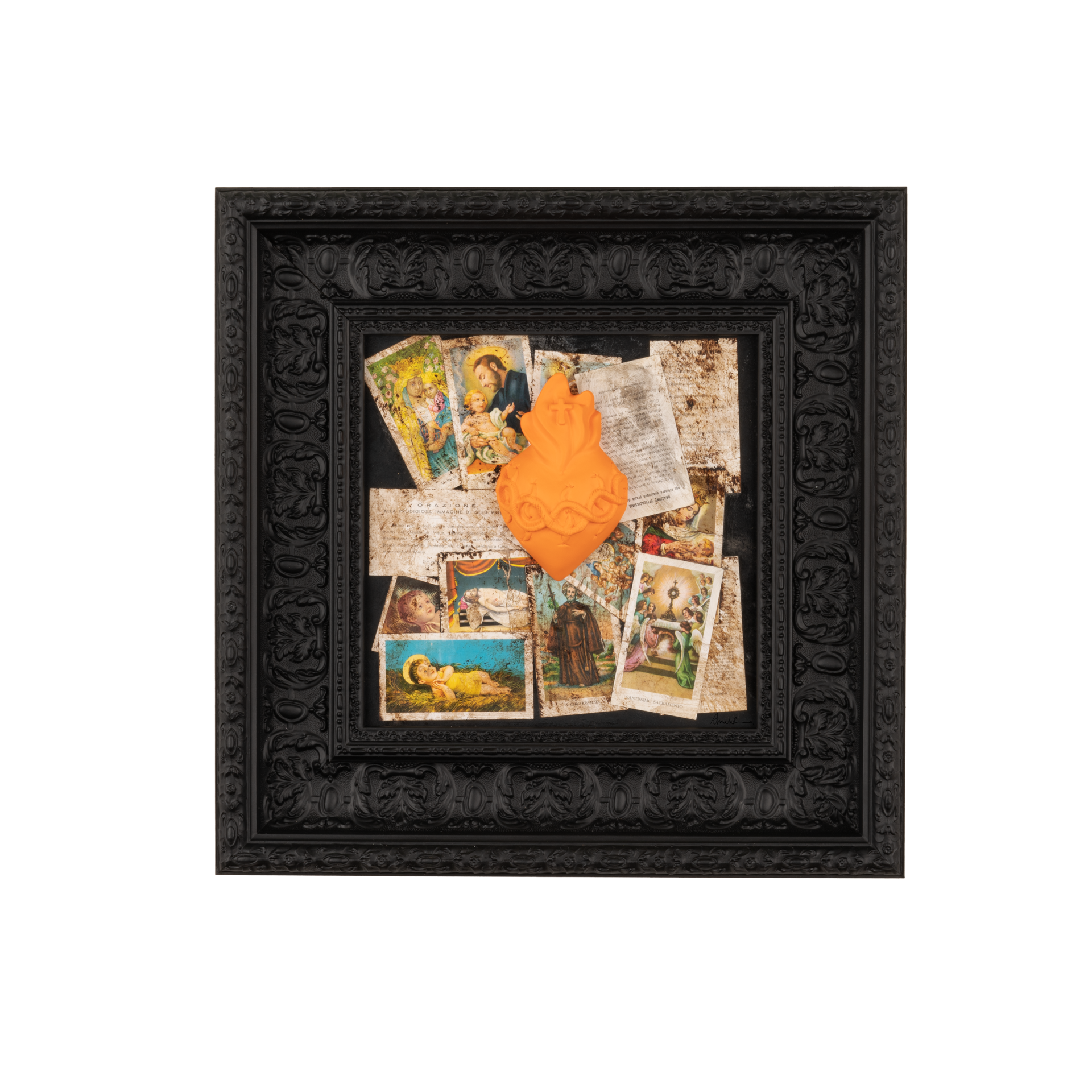 Devotion, votive aedicule - sculptures in colored resin with graphics on a black frame (47x47 vers.)