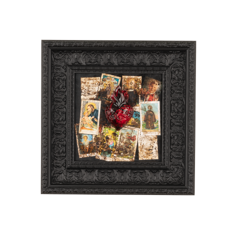 Devotion, votive aedicule - sculptures in colored resin with graphics on a black frame (47x47 vers.)