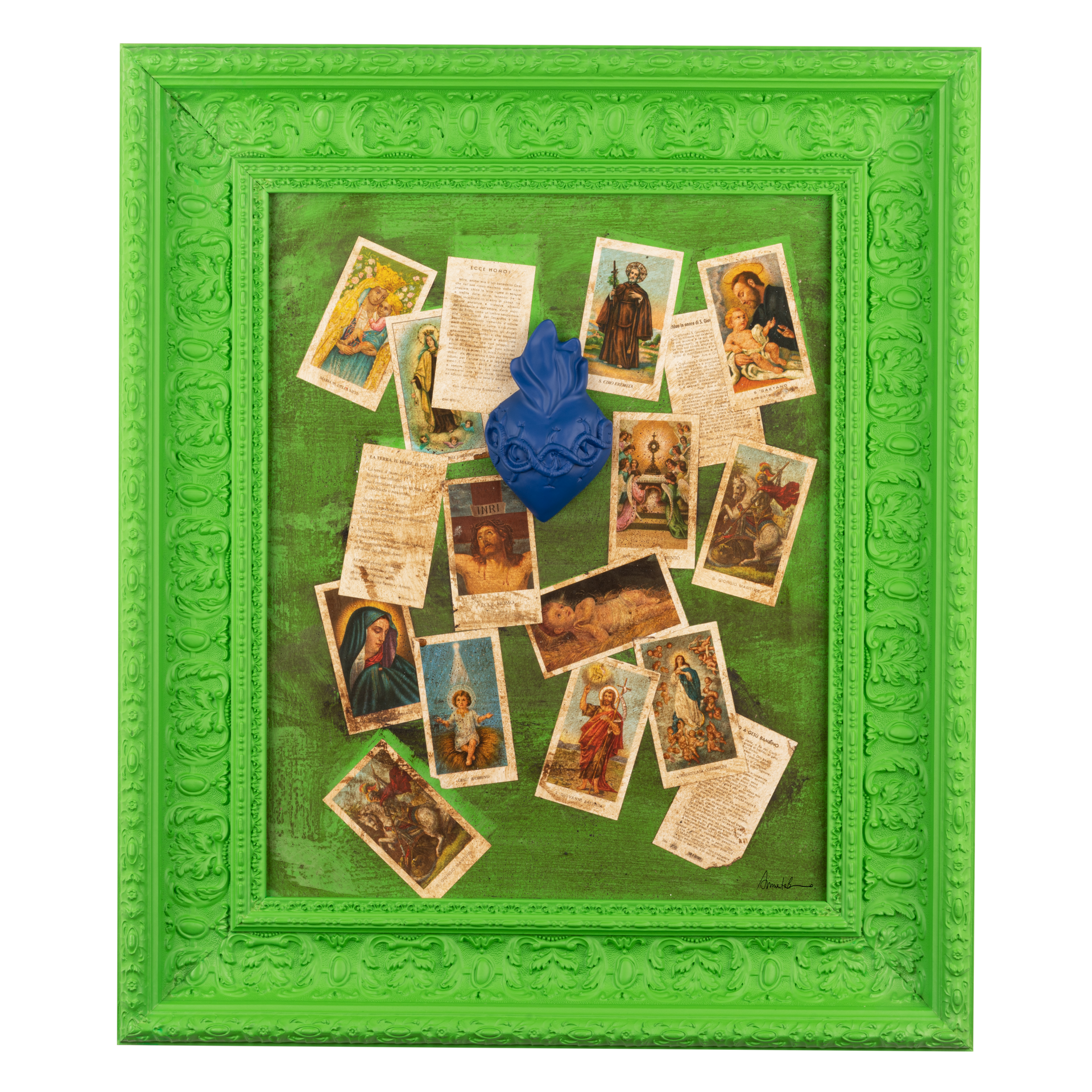 Devozione, edicola votiva - sculture in resina colorata con grafiche su quadro verde (vers. 59x69)