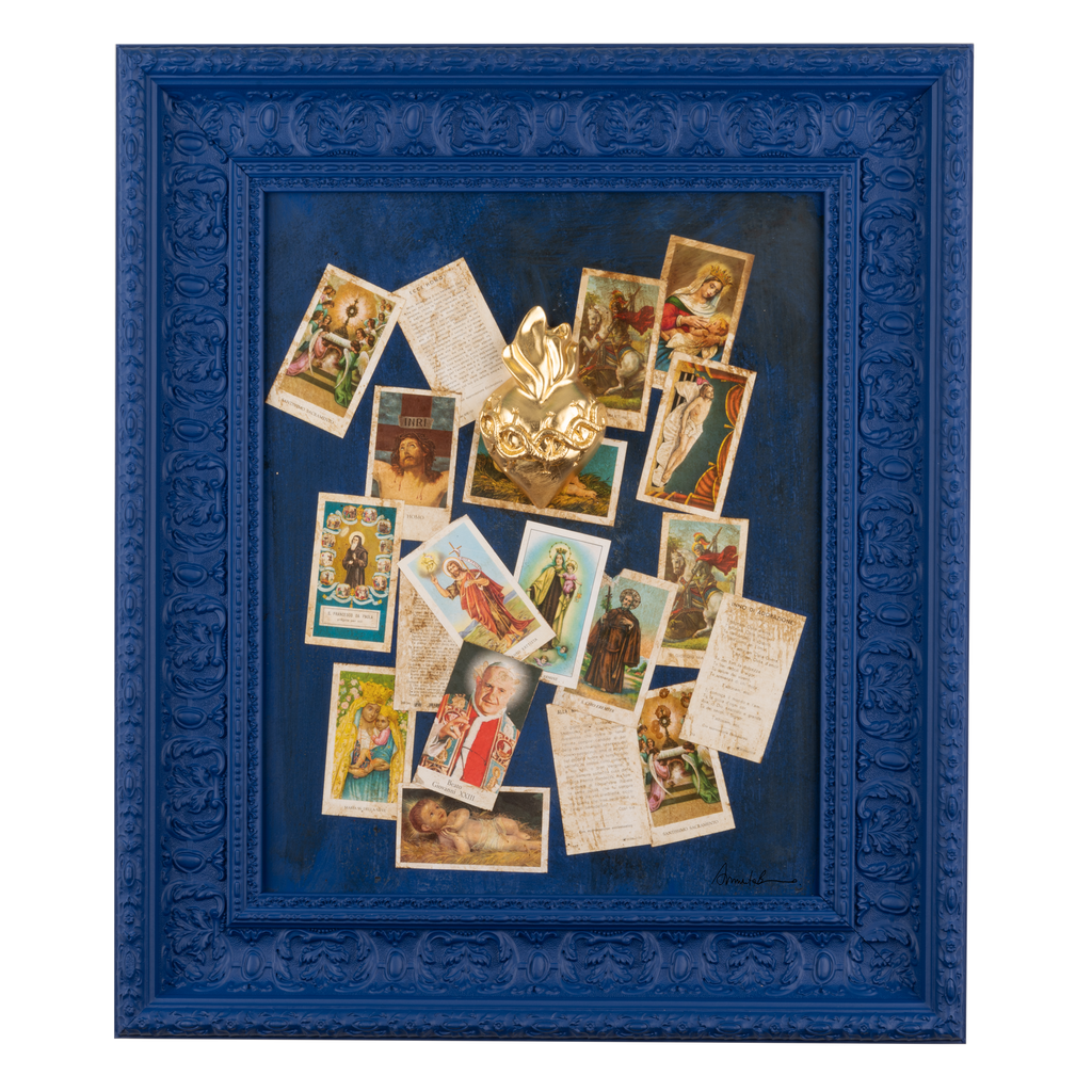 Devozione, edicola votiva - sculture in resina colorata con grafiche su quadro blu (vers. 59x69)