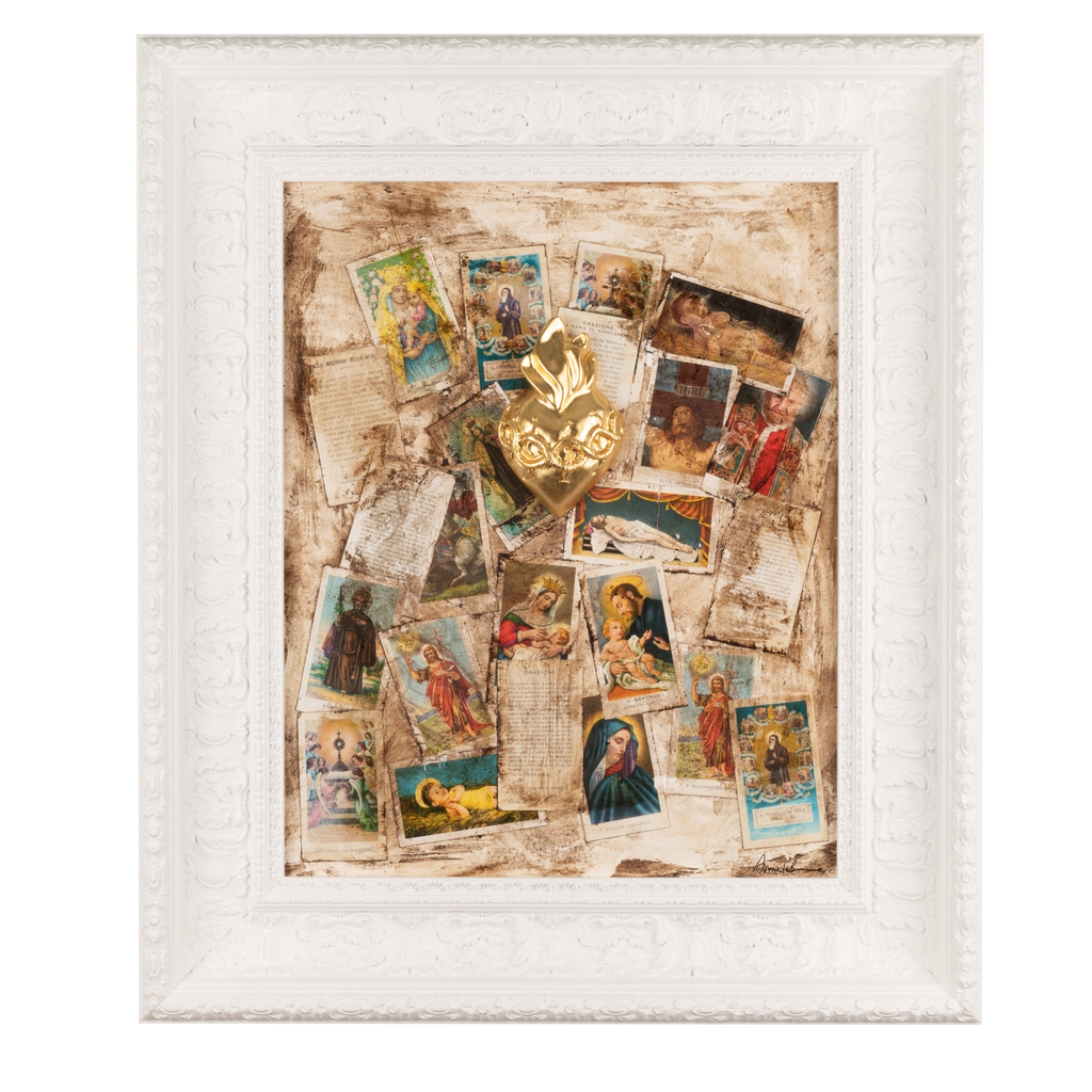Devotion, votive aedicule - sculptures in colored resin with graphics on a white board (vers. 59x69)