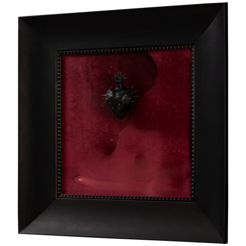 Nigrum Cordis - wooden sculpture with iron thorns and nails on a red dark background protected by an Italian handcrafted frame (72x72)