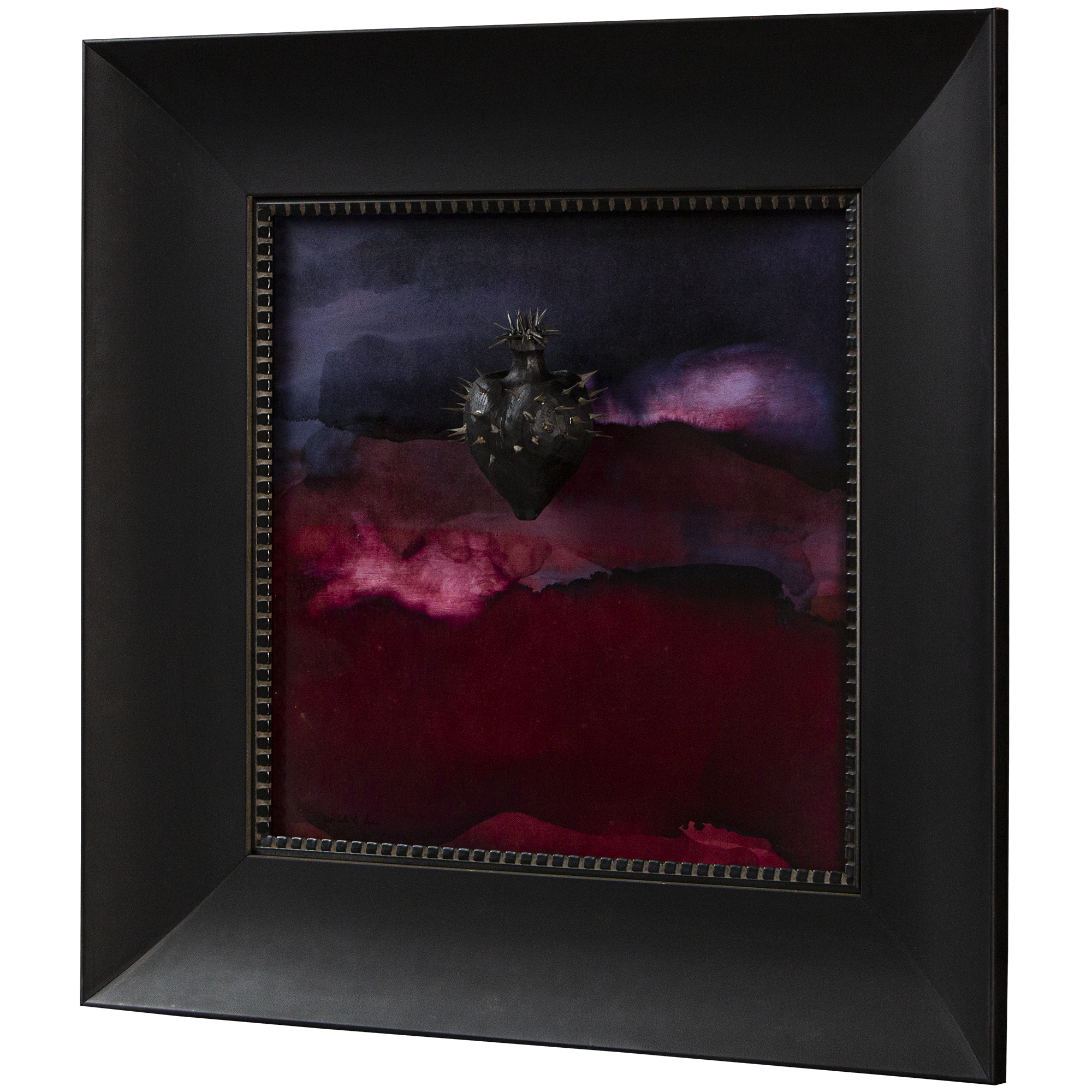Nigrum Cordis - scultura in legno con spine e chiodi in ferro su quadro fondo pink dark protetto da cornice artigianale italiana (72x72)