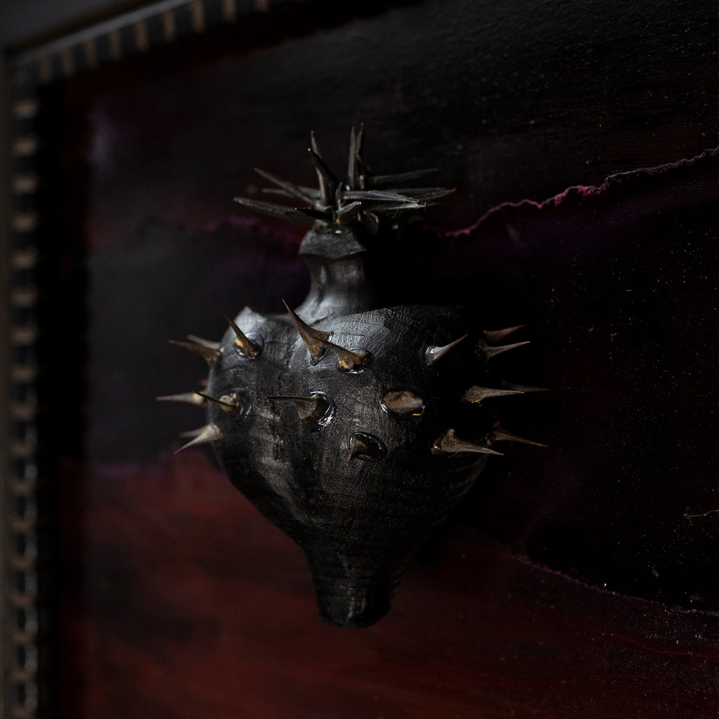Nigrum Cordis - wooden sculpture with iron thorns and nails on dark orange background frame with Italian handcrafted frame (48x48)