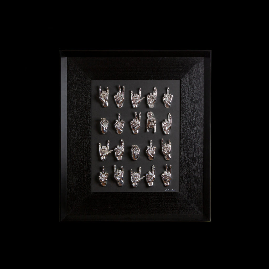 Multimani - sculptures in shiny silver resin on black background frame with Italian handcrafted frame