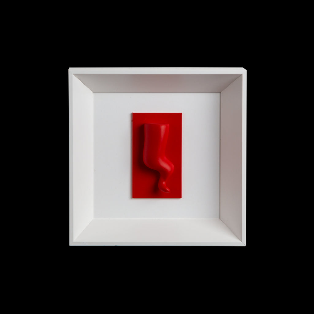 Horn - colored sculpture on a white background and red paint with an Italian handcrafted frame
