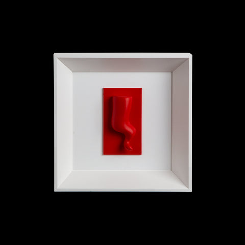 Horn - colored sculpture on a white background and red paint with an Italian handcrafted frame